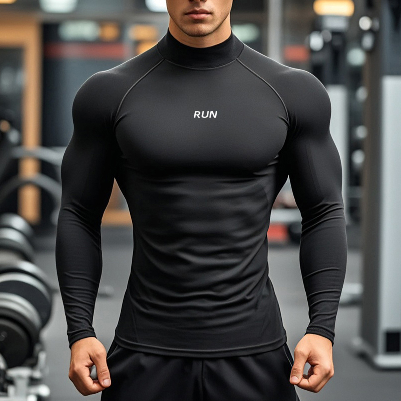 T Shirt Tight Fit - เสื้อยืดแขนยาวคอเต่าสำหรับผู้ชาย แห้งเร็ว เหมาะสำหรับฤดูใบไม้ผลิและฤดูใบไม้ร่วง เสื้อรัดกล้ามเนื้อสำหรับเล่นกีฬาและออกกำลังกาย