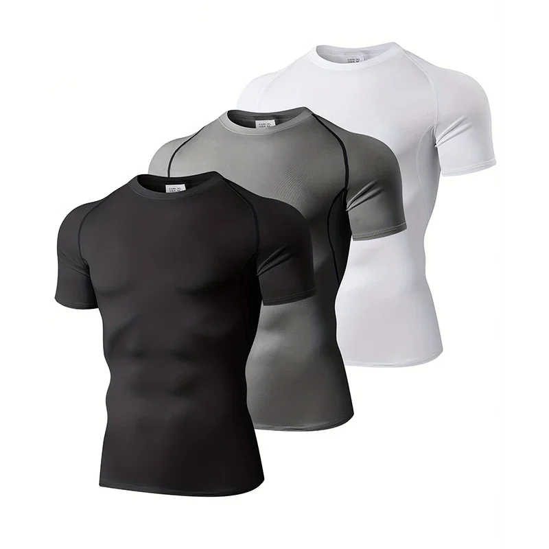 T Shirt Tight Fit - ชุดออกกำลังกายผู้ชายแบบรัดรูป 1/3 ชิ้น เสื้อยืดแขนสั้นสำหรับฤดูร้อน แห้งเร็ว เหมาะสำหรับวิ่ง