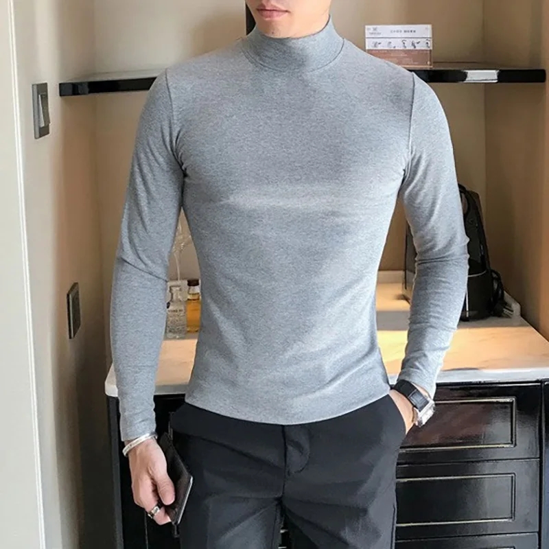 T Shirt Tight Fit - เสื้อยืดคอสูงผู้ชาย ฤดูใบไม้ร่วง-ฤดูหนาว 2025 ทรงเข้ารูป แฟชั่น ยืดหยุ่นสูง